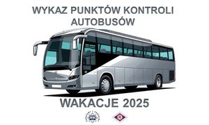zdjęcie kolorowe: plakat z autobusem informujący o wykazie punktów autobusów podczas wakacji letnich w 2025 r.