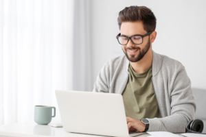 Zdjęcie: mężczyzna przed komputerem.