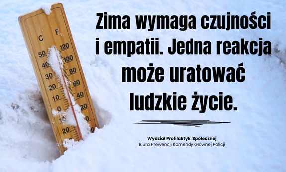 zdjęcie: plakat na którym znajduje się termometr włożony w zaspę śniegu