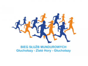plakat promujący bieg: zarys niebieskich i pomarańczowych postaci w biegu, poniżej nazwa biegu