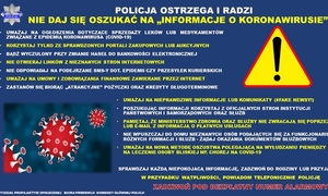 plakat informujący o oszustwach związanych z koronawirusem