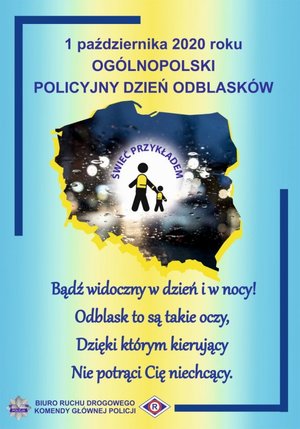 plakat promujący Ogólnopolski Policyjny Dzień Odblasków z zarysem powierzchni terytorium Polski, na którym widzimy dwie postacie z odblaskami