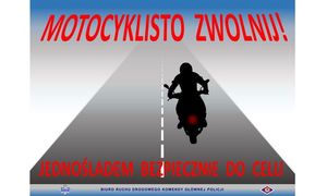 grafika z napisem motocyklisto zwolnij i graficznym ujęciem motocyklisty